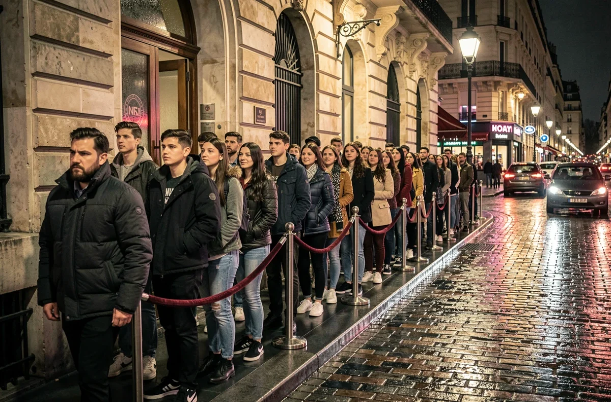 File d'attente devant une boite électro parisienne la nuit sous la pluie avec des jeunes branchés et un videur devant une façade haussmannienne