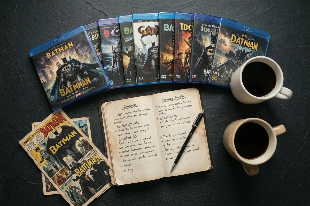 Flat lay de la collection de films Batman en ordre chronologique avec notes et objets de cinéphile
