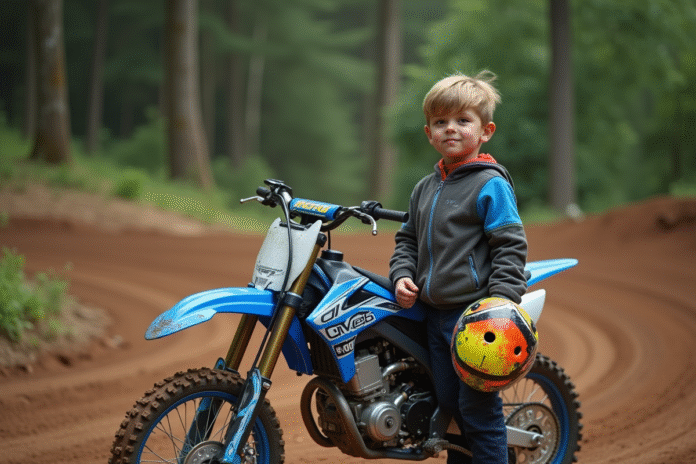 Jeune garçon en équipement motocross avec vélo 50cc
