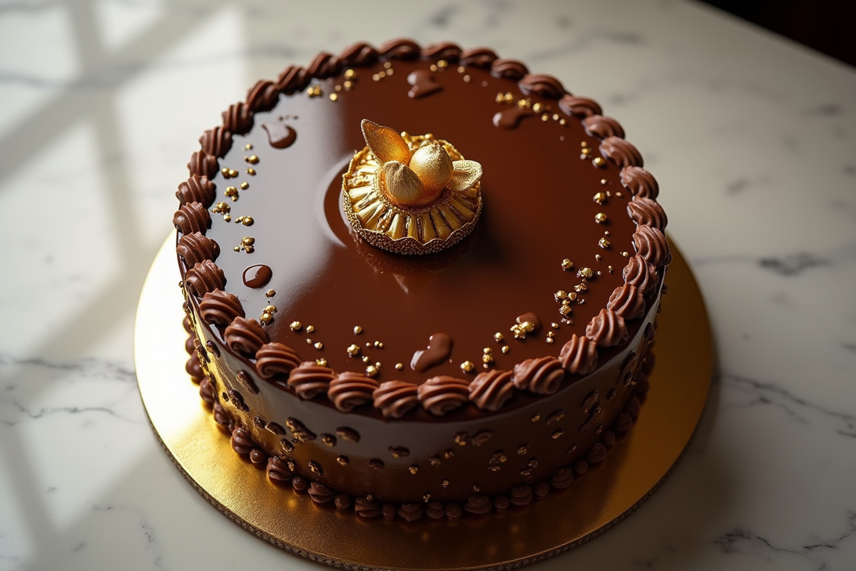 Gâteau opera entier sur comptoir en marbre avec details dorés