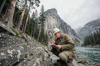 Géologue examinant une falaise striée en Alaska révélant les traces du tsunami de Lituya Bay