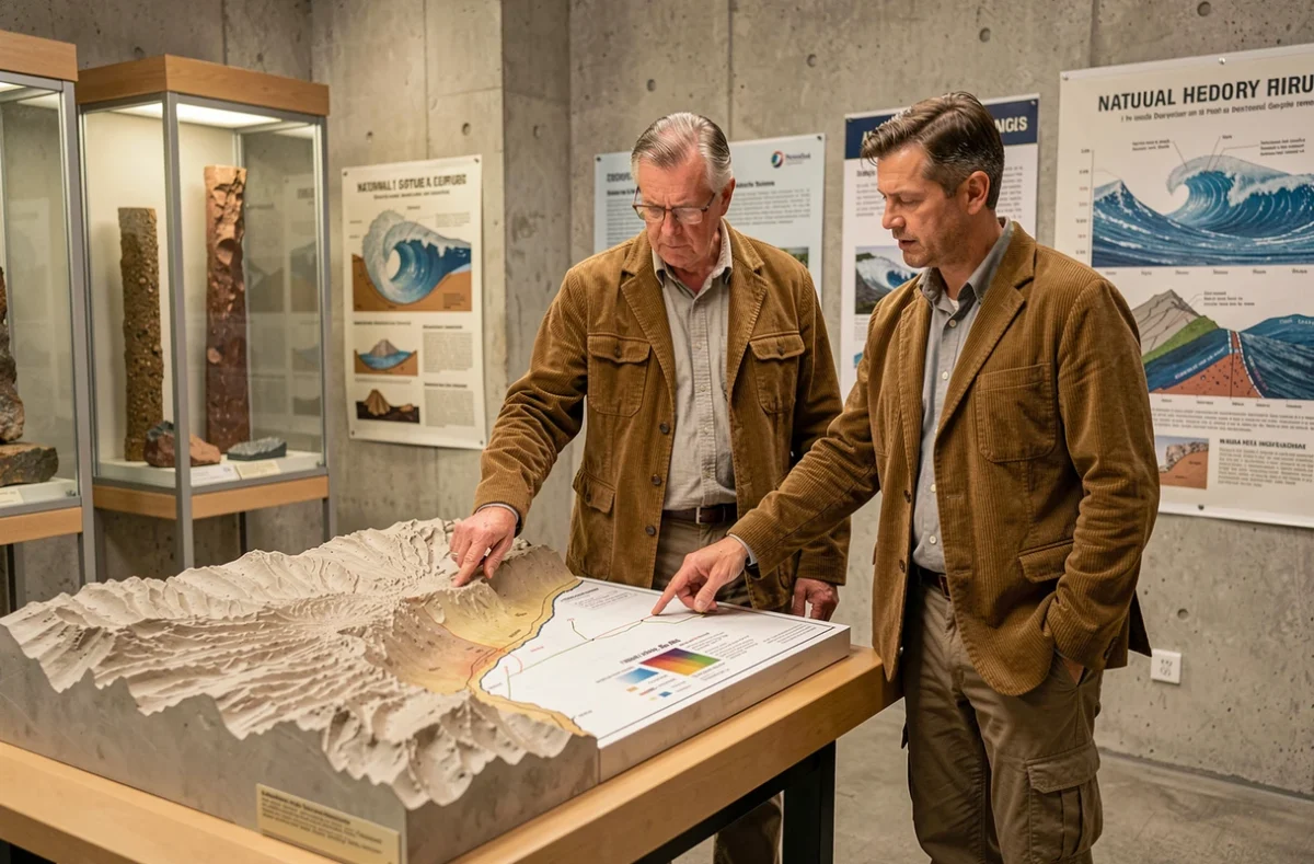 Deux géologues étudiant une carte topographique en relief de la baie de Lituya dans un musée scientifique