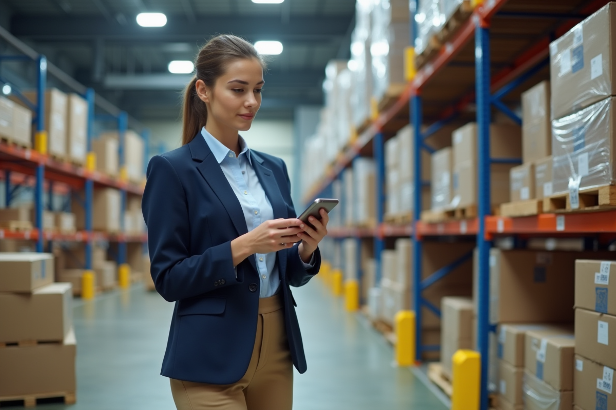 Jeune femme contrôlant un envoi dans un entrepôt high-tech