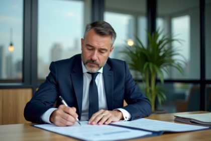 Homme d'affaires en costume bleu examinant des documents financiers