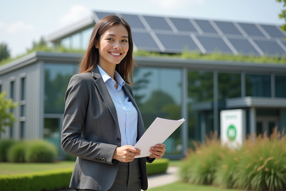 Jeune femme gestionnaire immobiliere devant immeuble eco