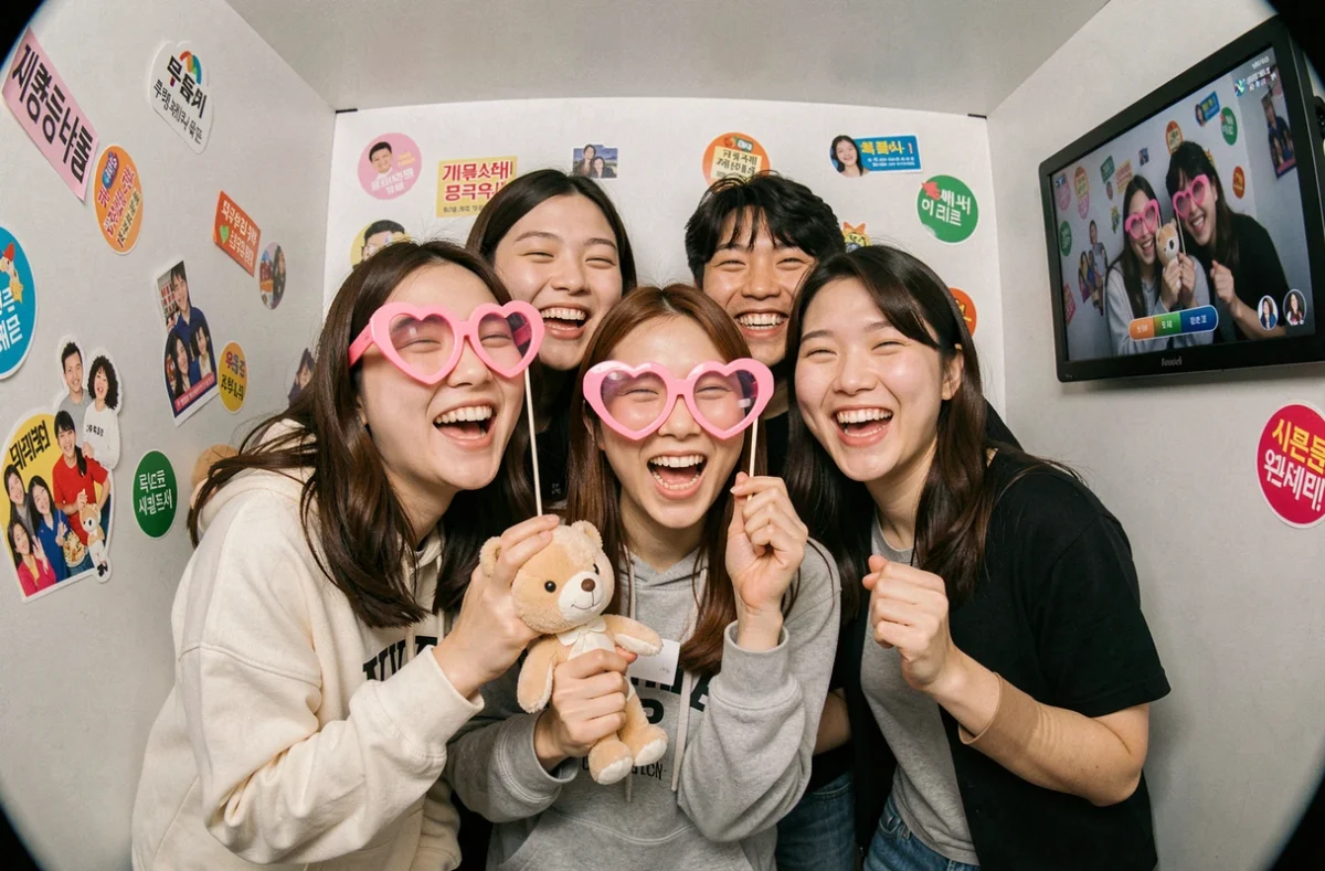 Groupe de trois amis qui rient en posant avec des accessoires dans un photomaton coréen 4 cut