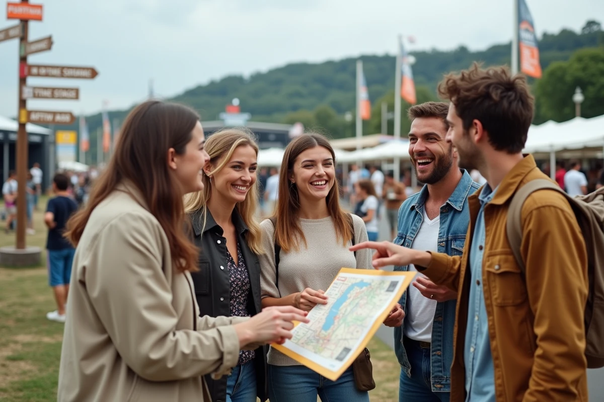 Groupe d'amis consultant le programme d'un festival de musique à Lyon au bord de la Saône, découvrant les différentes scènes