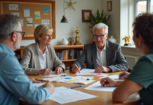 Groupe d'adultes en réunion communautaire autour d'une table