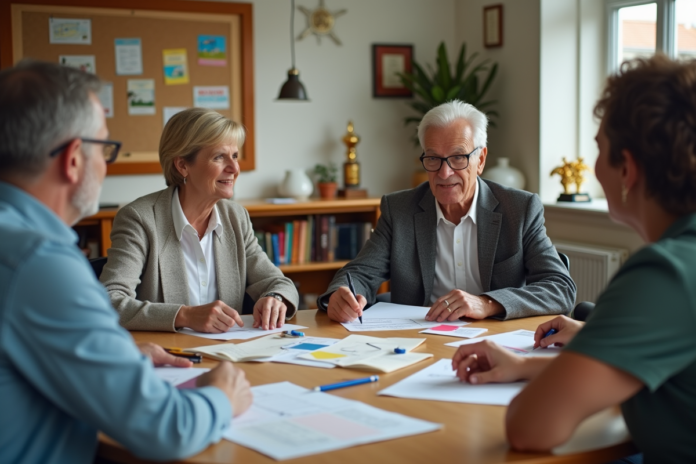 Groupe d'adultes en réunion communautaire autour d'une table