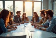 Groupe de jeunes discutant de documents immobiliers dans une salle lumineuse