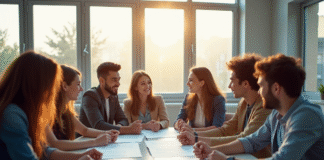 Groupe de jeunes discutant de documents immobiliers dans une salle lumineuse