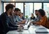 Groupe d'enthousiastes automobiles en discussion dans un espace lumineux