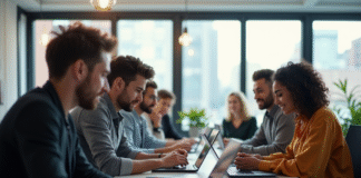 Groupe d'enthousiastes automobiles en discussion dans un espace lumineux