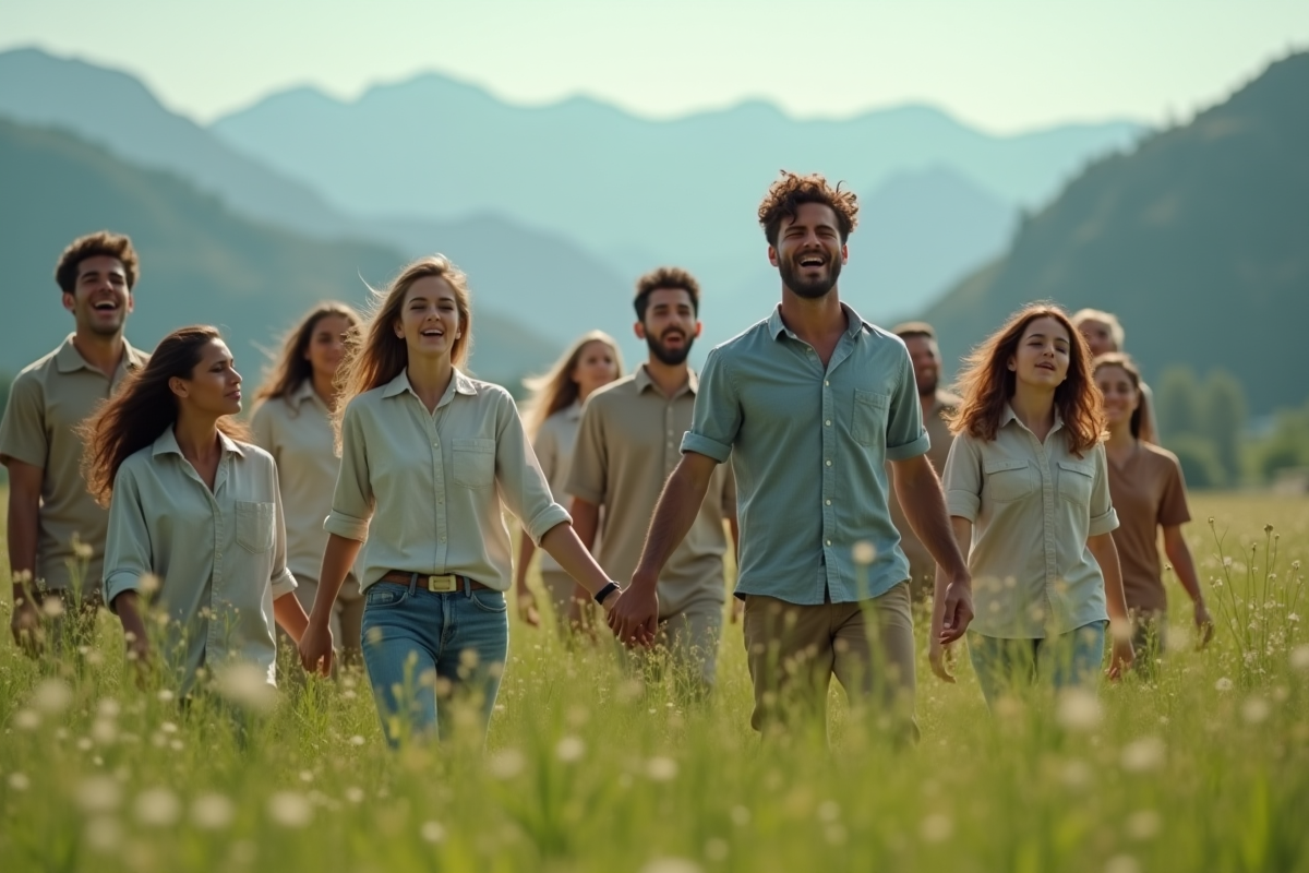 Groupe de jeunes dans un champ vert avec montagnes