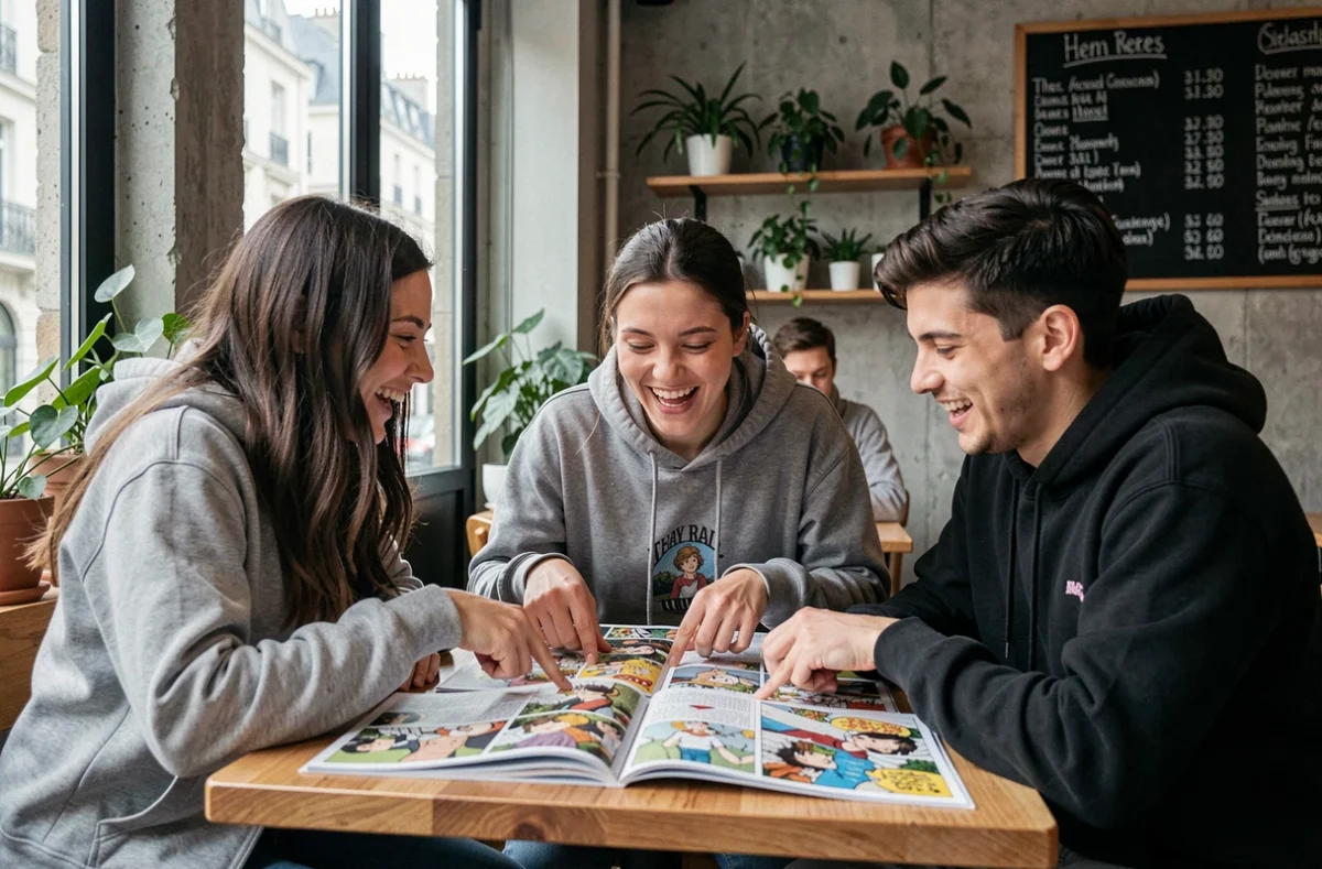 Groupe de jeunes lecteurs francophones discutant de mangas scannés autour d'une table de café urbain