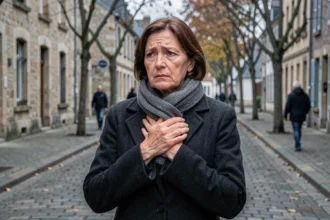 Habitante de Caen visiblement bouleversée dans une rue pavée après un drame local, expression de tristesse et de solidarité communautaire