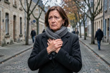 Habitante de Caen visiblement bouleversée dans une rue pavée après un drame local, expression de tristesse et de solidarité communautaire