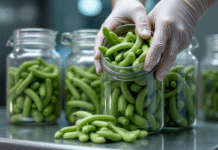 Haricots verts frais placés dans des bocaux par des mains gantées