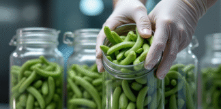 Haricots verts frais placés dans des bocaux par des mains gantées