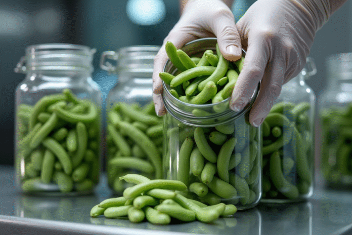 Haricots verts frais placés dans des bocaux par des mains gantées