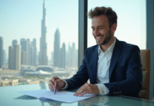 Homme d'affaires souriant à Dubai dans un bureau moderne