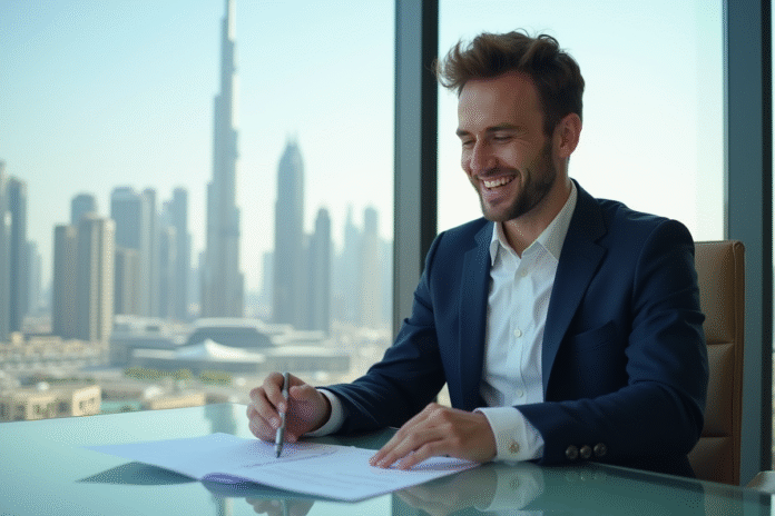 Homme d'affaires souriant à Dubai dans un bureau moderne