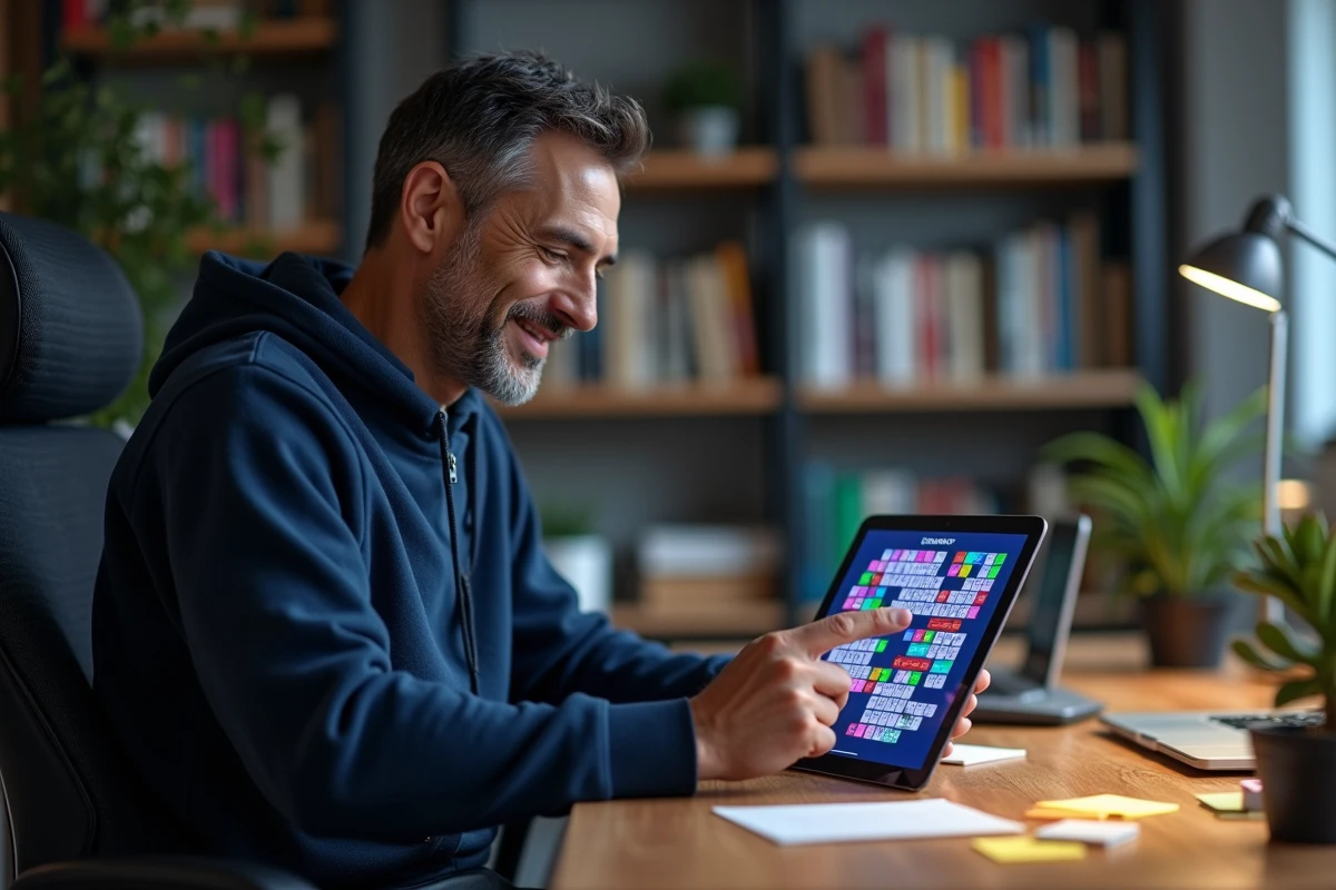 Homme utilisant une application de mots croisés sur tablette dans un bureau à domicile moderne