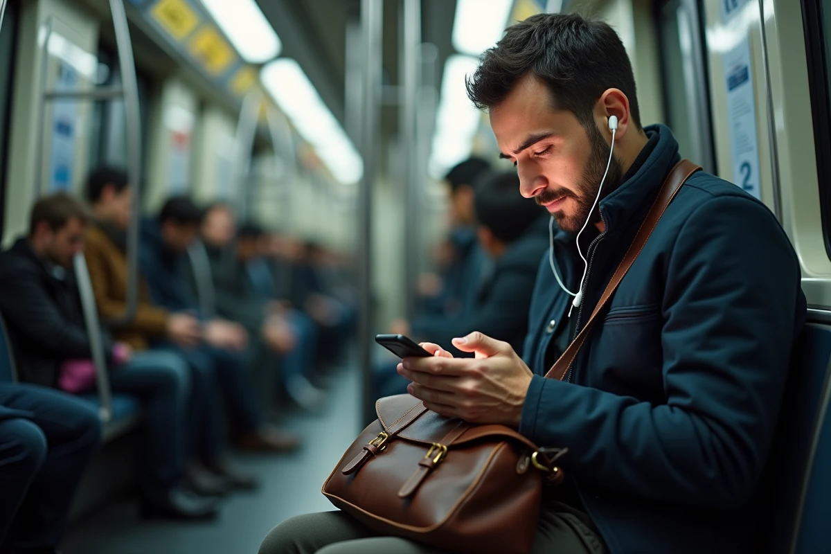 Homme apprenant le français sur son téléphone dans le métro pendant son trajet quotidien