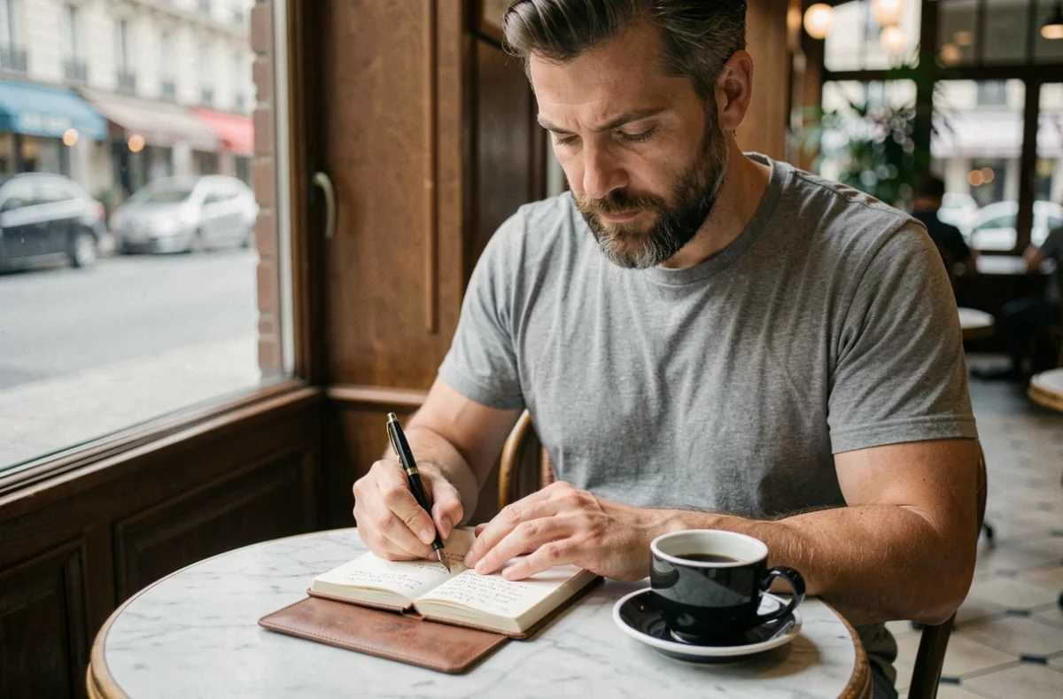 Homme adulte écrivant des mots rares et complexes dans un carnet en cuir dans un café parisien