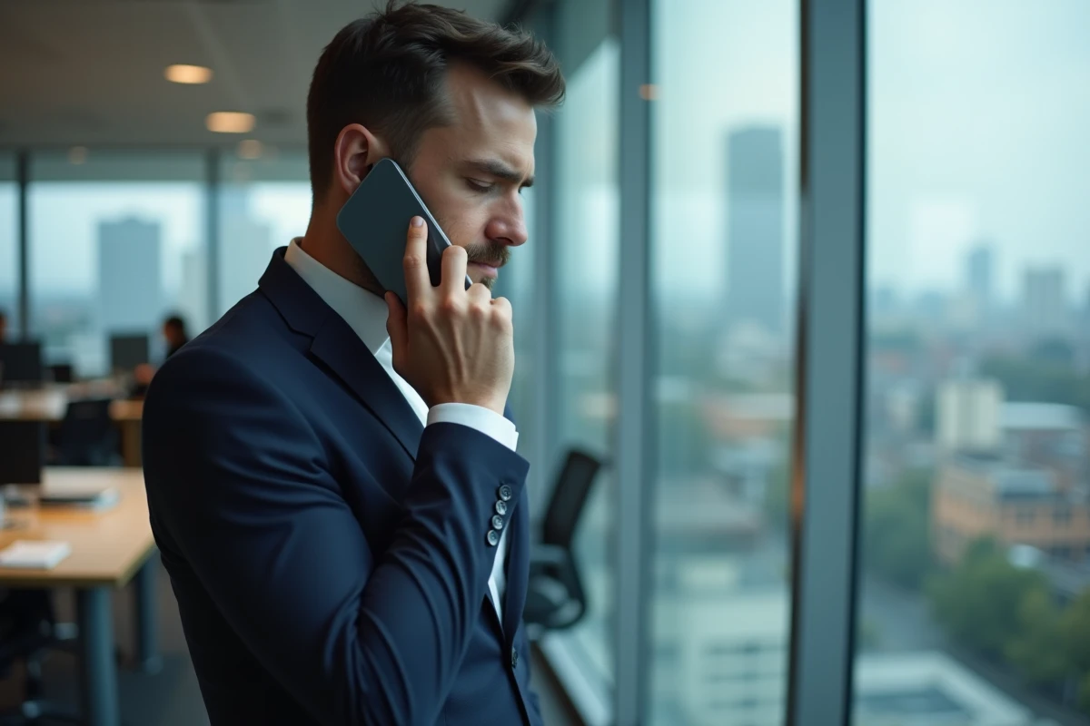 Jeune homme en appel téléphonique intime près d'une fenêtre de bureau, illustrant la confidence vocale dans une relation