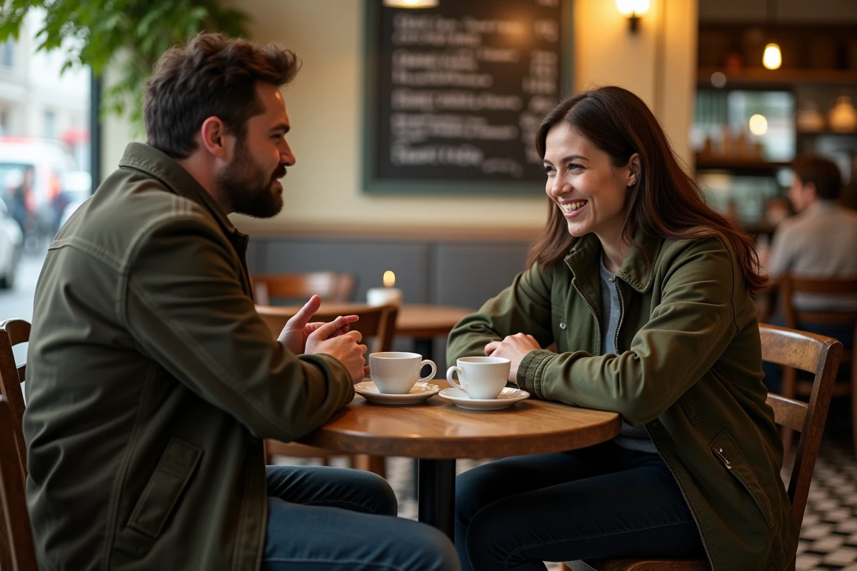 Homme se confiant en face à face à une femme dans un café, illustrant la vulnérabilité émotionnelle dans une relation amoureuse