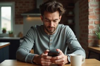 Homme pensif tapant un SMS intime sur son téléphone dans un appartement chaleureux, illustrant la confidence par messages