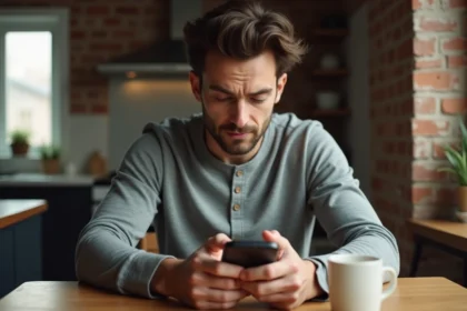 Homme pensif tapant un SMS intime sur son téléphone dans un appartement chaleureux, illustrant la confidence par messages