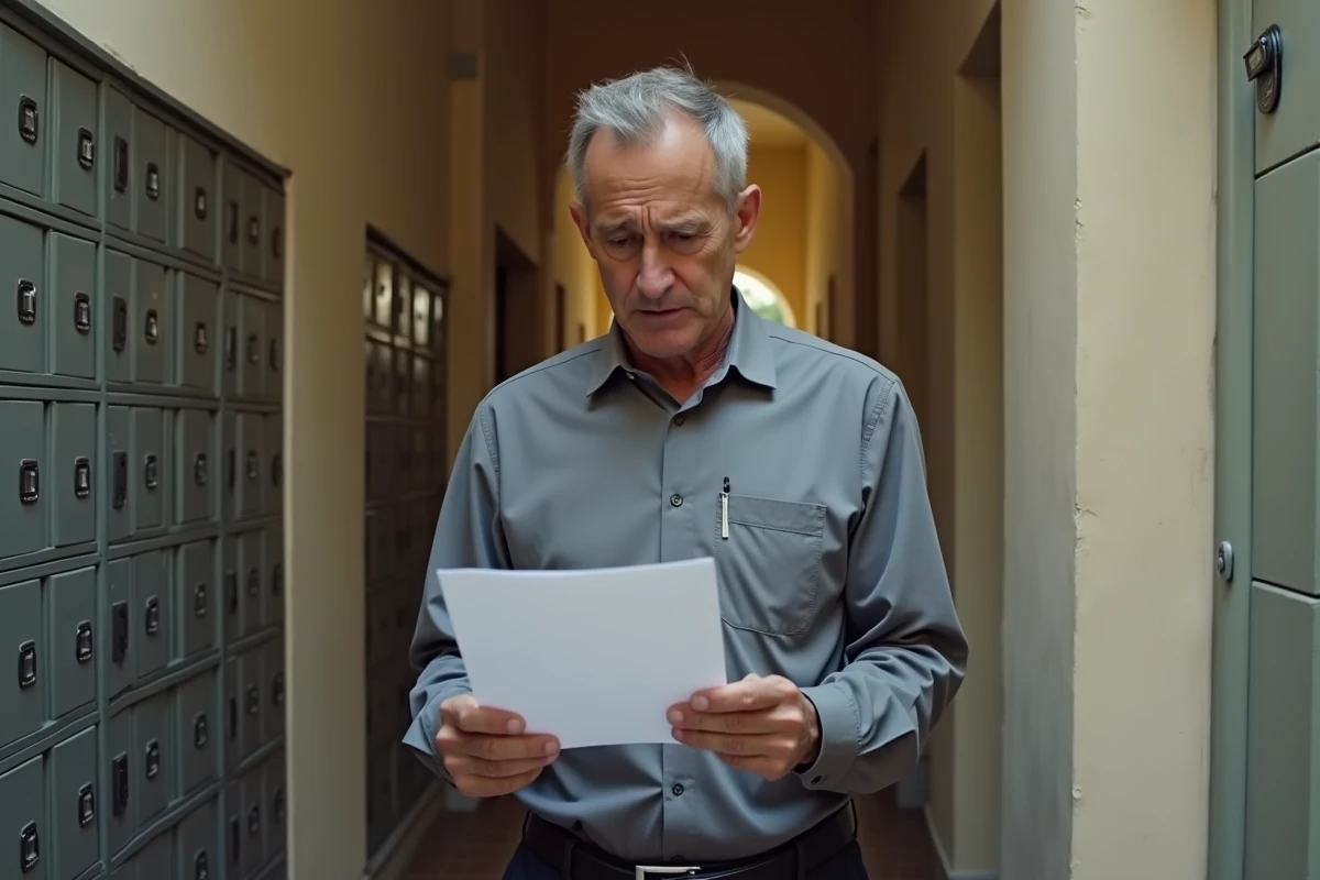 Homme découvrant un courrier officiel de huissier dans le couloir de son immeuble, représentant la pression de recouvrement abusif