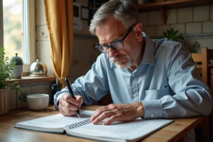 Homme d'âge moyen remplissant un mots croises suisse dans une cuisine chaleureuse