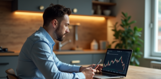Homme concentré devant un graphique de cryptomonnaie