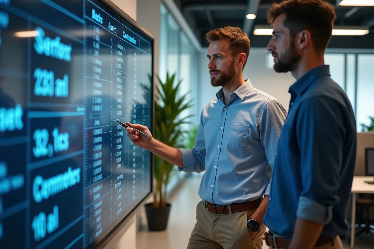 Jeune homme montrant une conversion d unités sur un tableau numérique