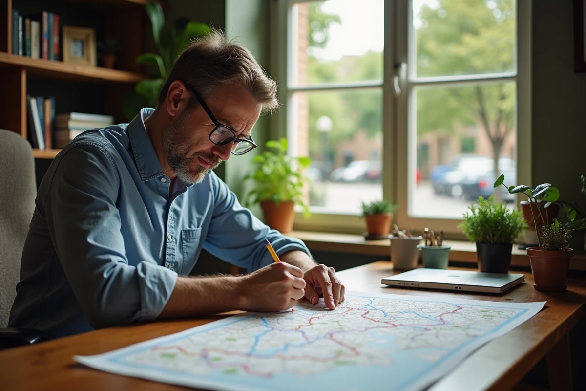 Homme concentré colorie une carte des rivières de France