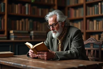 Homme catalan âgé lisant un livre dans une bibliothèque