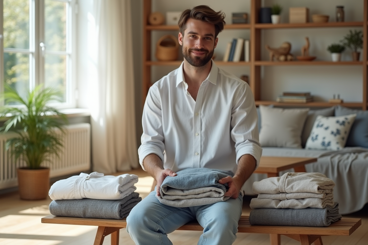 Jeune homme pliant des vêtements dans un salon lumineux