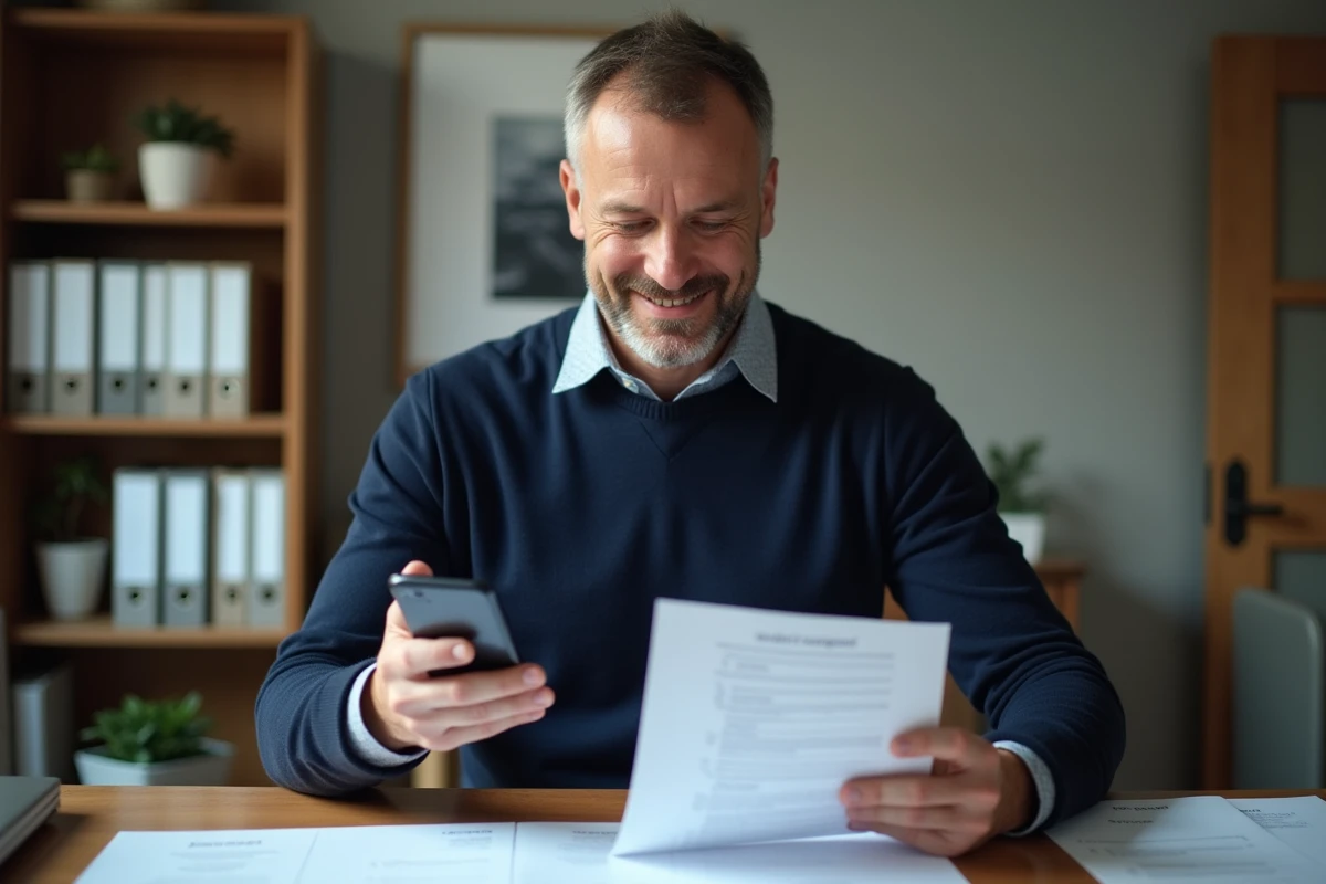 Homme vérifiant un document dans un bureau organisé