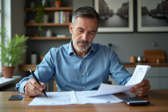 Homme d'âge moyen lisant des documents fiscaux dans la cuisine