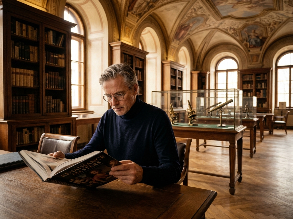 Homme âgé avec lunettes rondes consultant un catalogue d'art dans une bibliothèque de musée historique