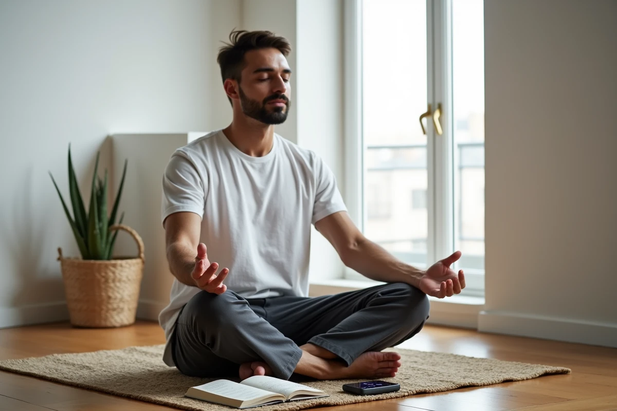 Homme en méditation sur un sol en bois avec un smartphone affichant 11h22 et un journal ouvert, illustrant la prise de conscience spirituelle liée aux flammes jumelles evozen