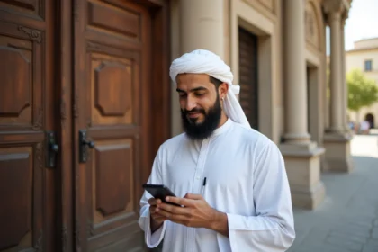 Homme musulman en thawb blanc près d'une mosquee à ManteslaJolie