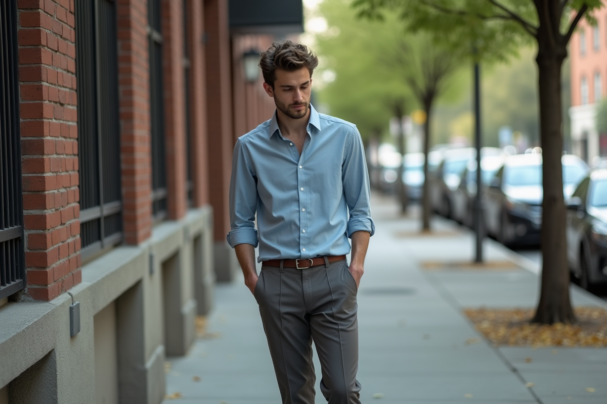 Homme pensif marchant dans une rue urbaine calme
