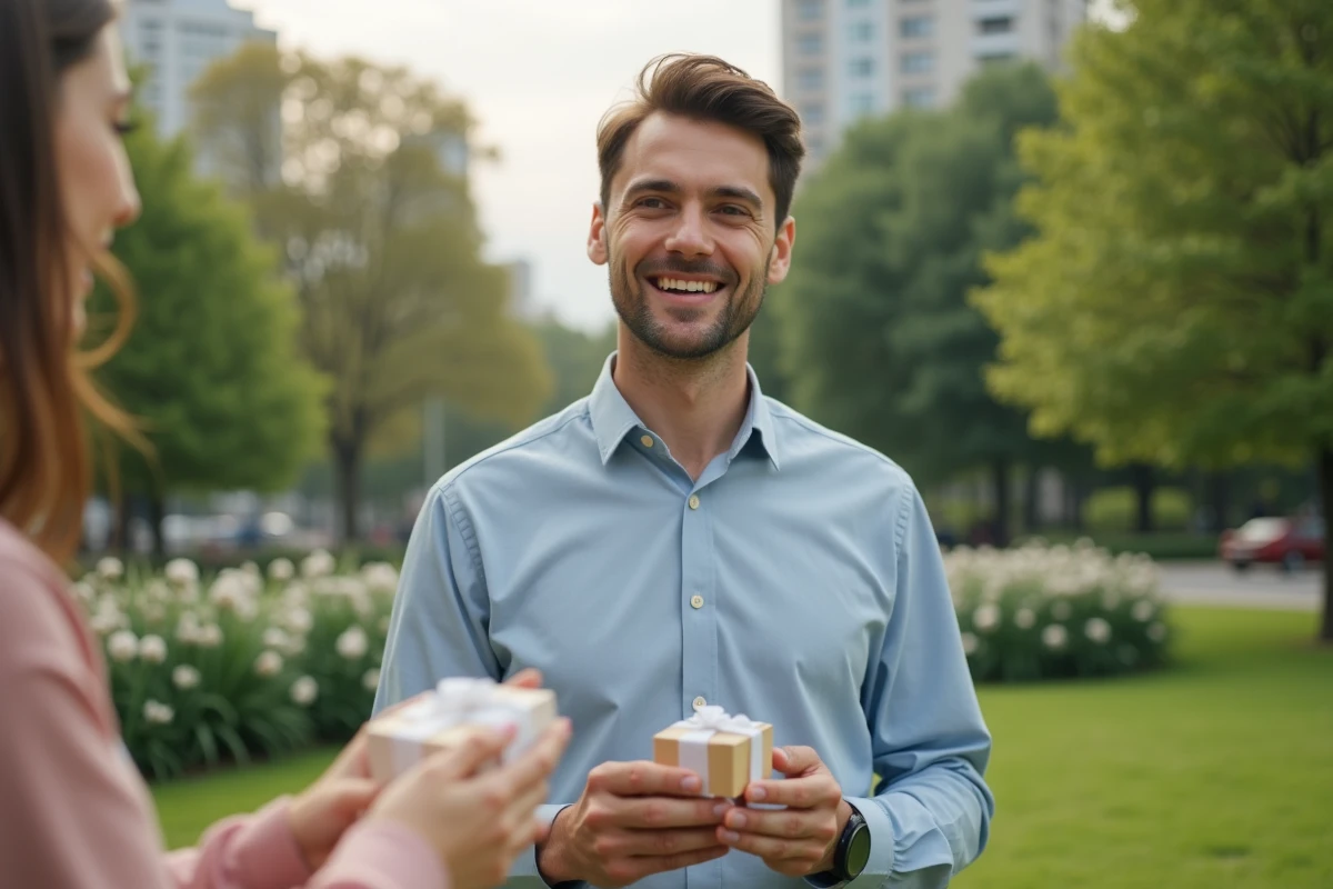 Homme offrant un poème romantique à sa partenaire dans un parc urbain