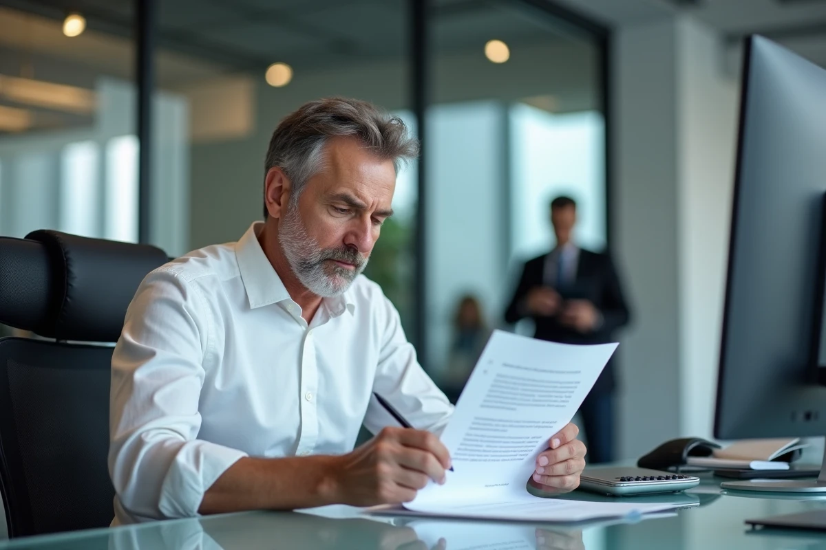 Homme en bureau professionnel relisant un document imprimé avant envoi avec un outil de correction grammaticale à l'écran