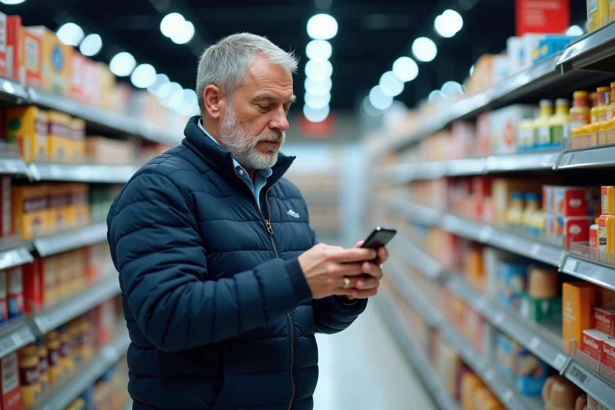 Homme en supermarché Carrefour utilisant une application mobile pour scanner un produit et laisser un avis