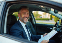 Optimisez votre protection : tout savoir sur l’assurance auto tous risques Homme d'âge moyen souriant dans sa voiture moderne